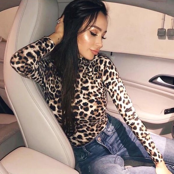 Black Brown Leopard bodysuit long sleeve mock neck NWT small and medium - Picture 2 of 13